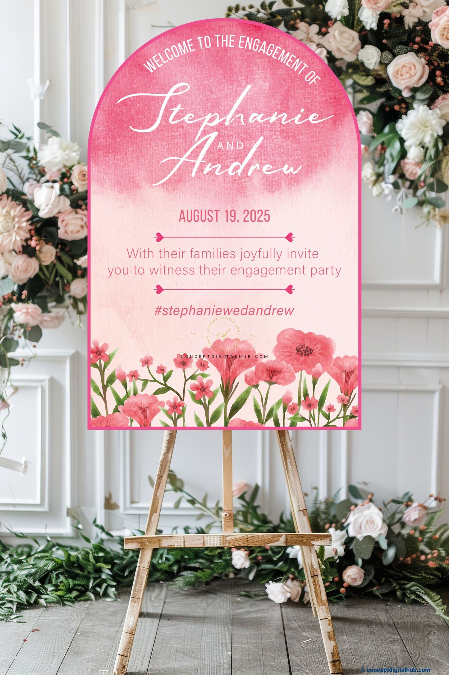 Pink Color Flowers Welcome Board for Engagement