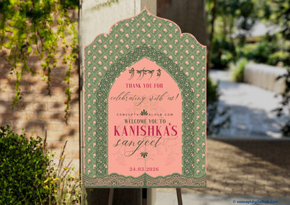 Sage Green Color Floral Pattern Welcome Board for Sangeet