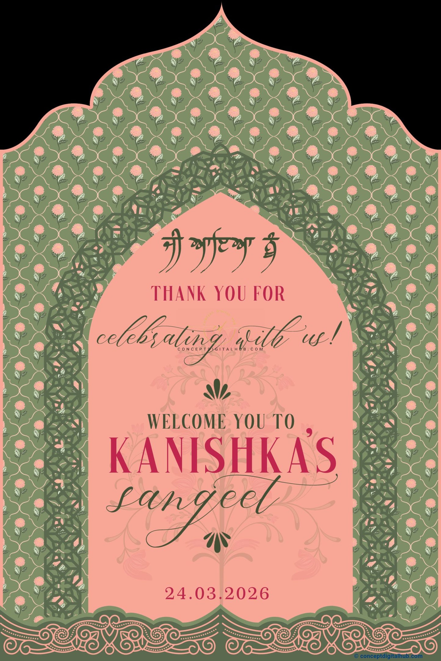 Sage Green Color Floral Pattern Welcome Board for Sangeet