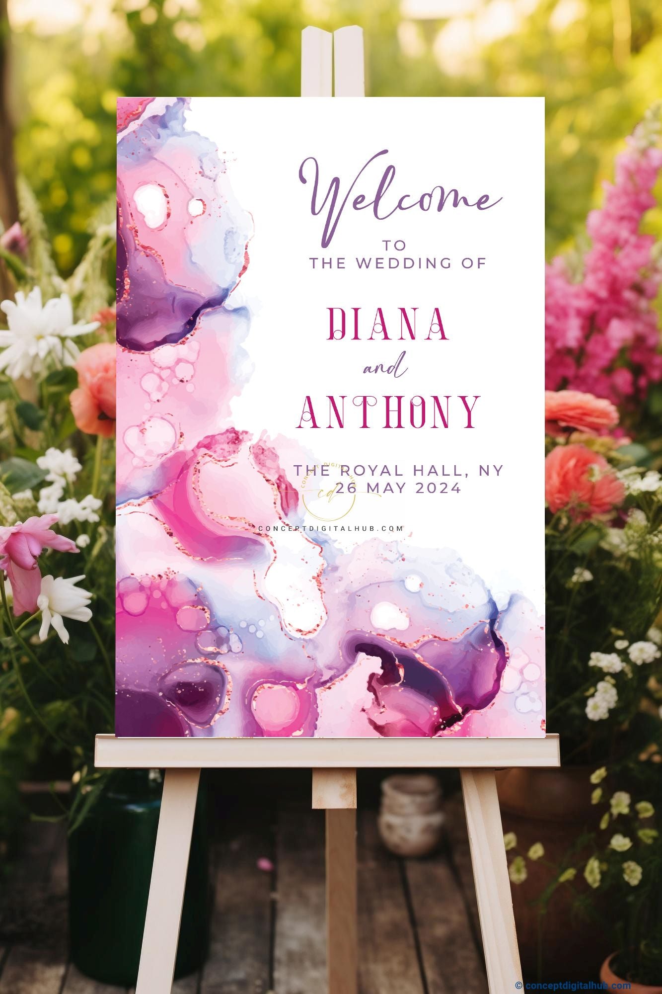 Pink Watercolor Wedding Welcome Sign Board