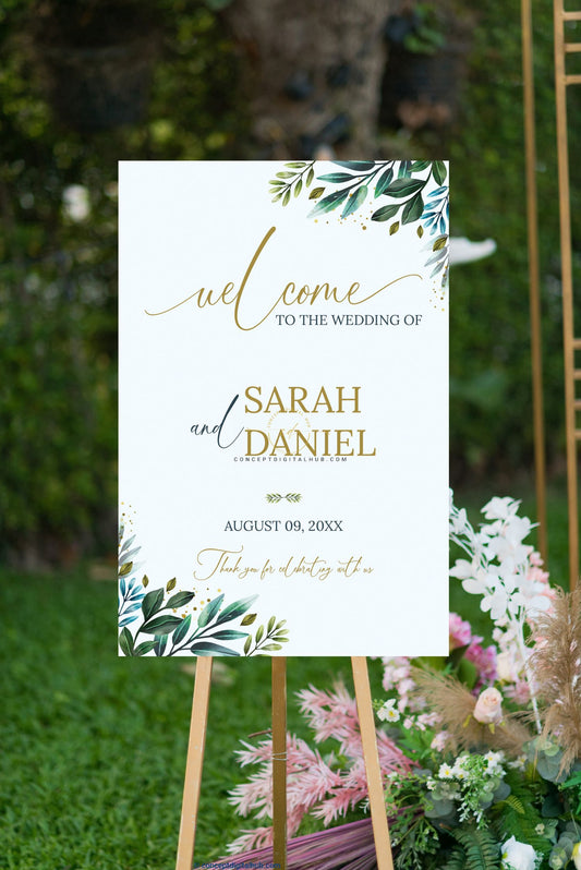 Wedding Welcome Sign Board With Leaves