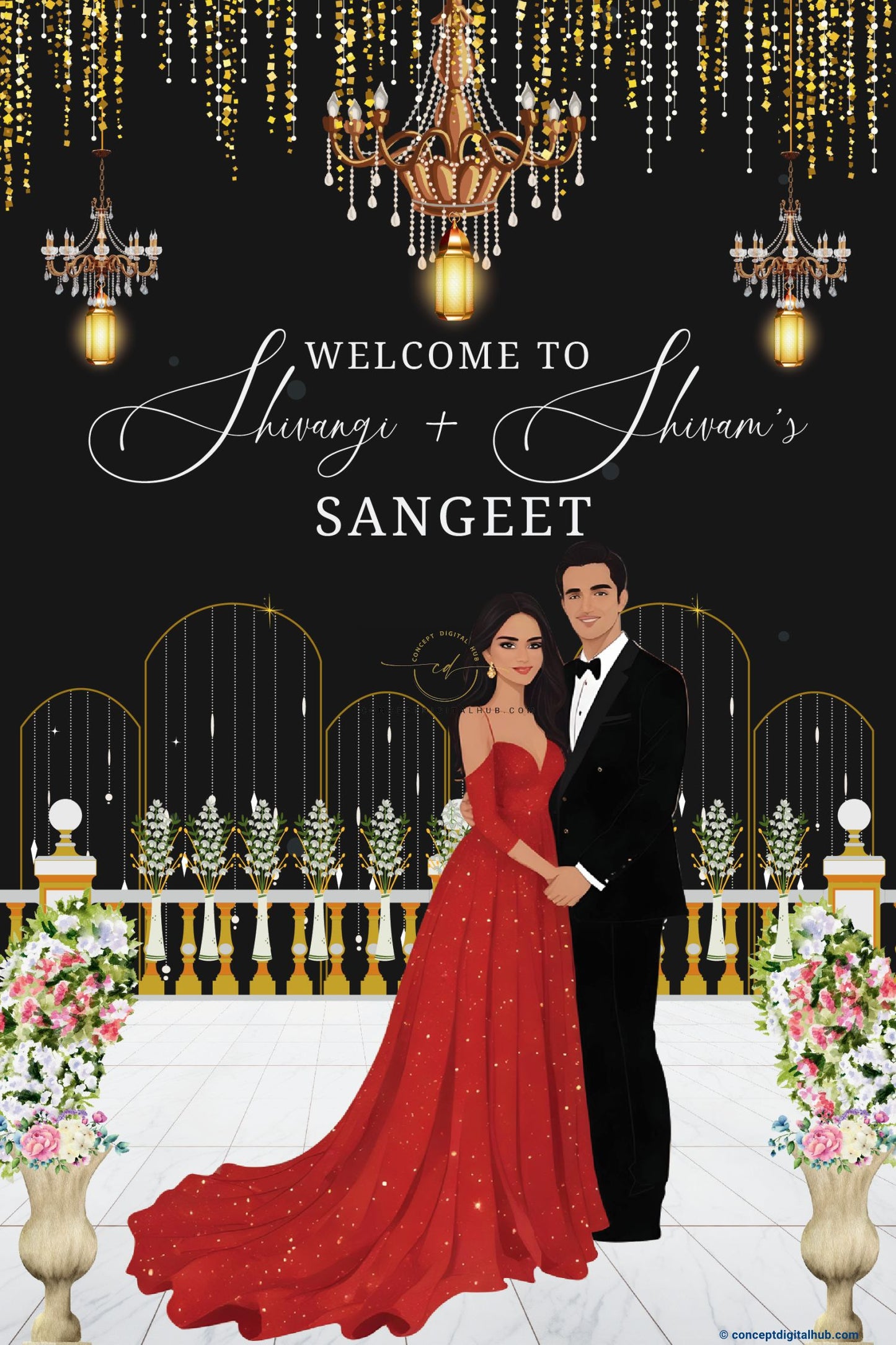 Black Color Chandeliers Welcome Board for Sangeet