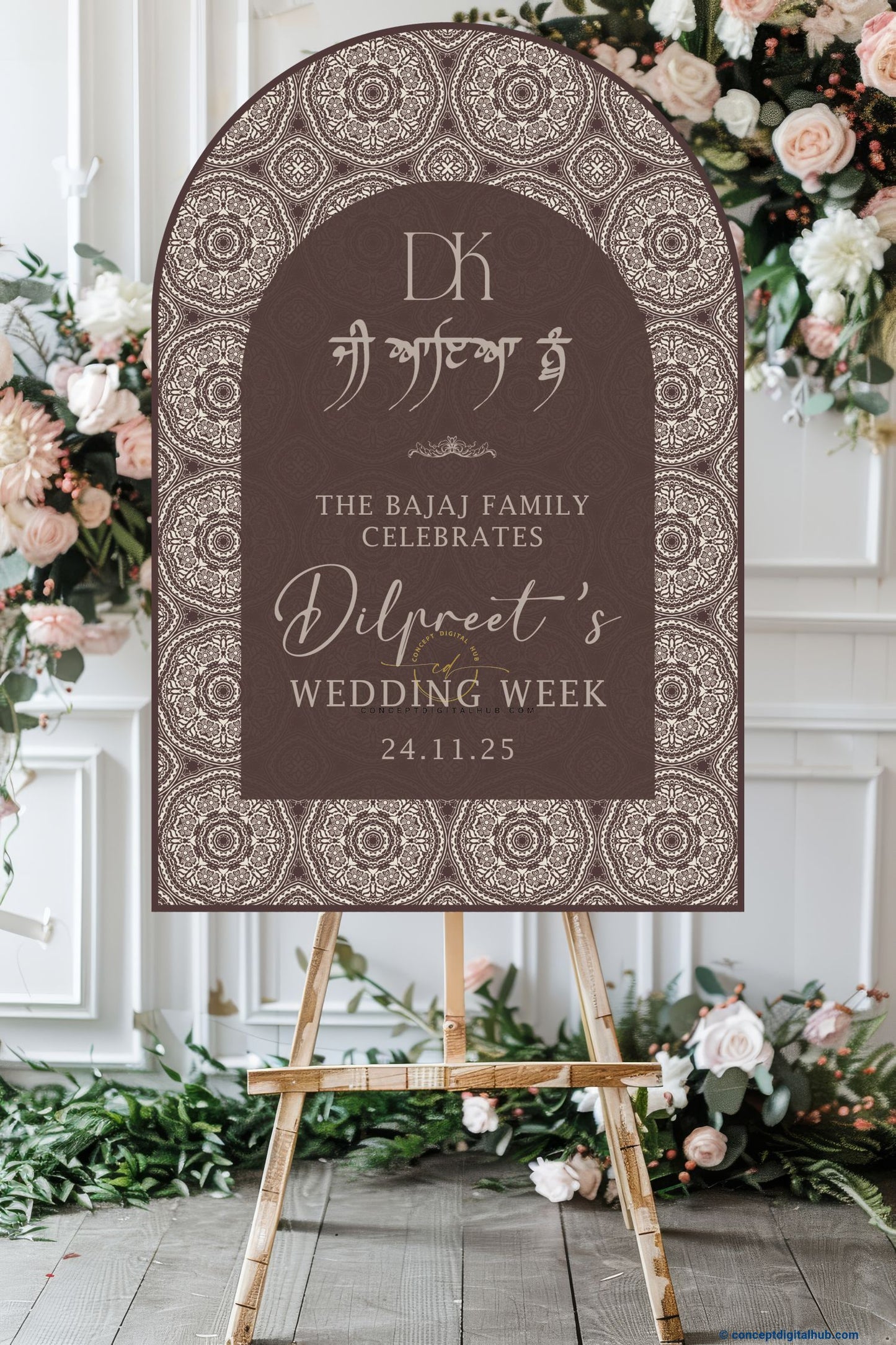 Mocha Brown Color Traditional Mandala Welcome Board for Wedding Week