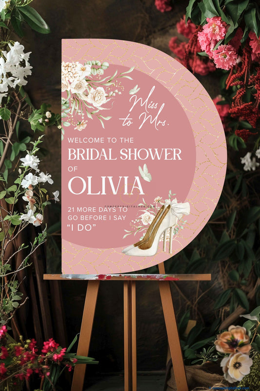 Rose Color Flowers on Heel Welcome Board for Bridal Shower