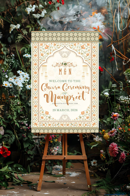 Ivory Color Floral Vine Border Welcome Board for Maiyan