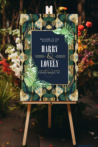 Midnight Navy Blue Color Tropical Leaf Welcome Board for Wedding Week