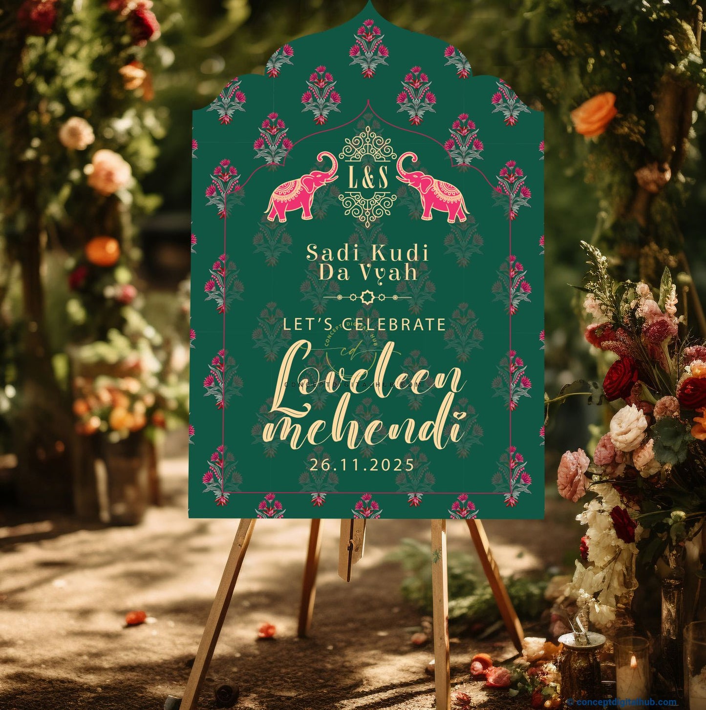 Emerald Green Color Pink Floral Welcome Board for Mehendi