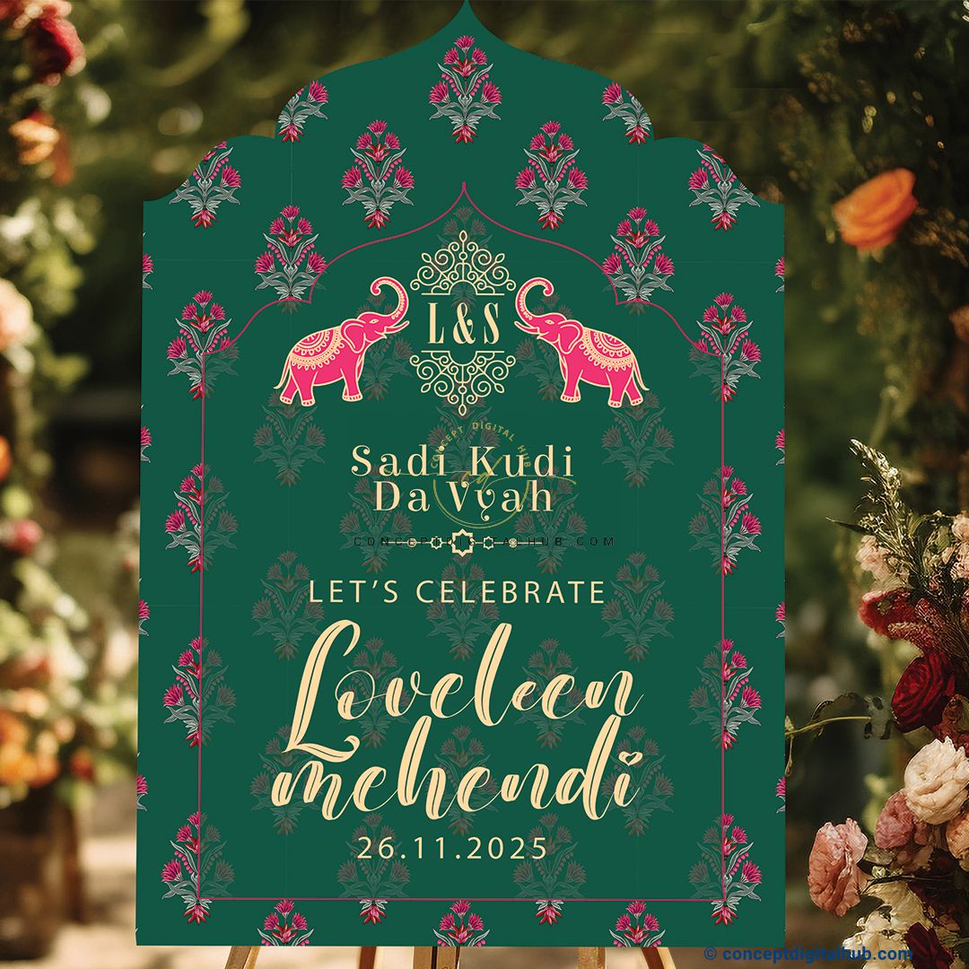 Emerald Green Color Pink Floral Welcome Board for Mehendi