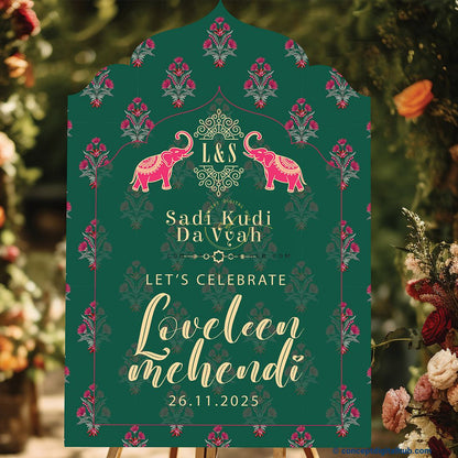 Emerald Green Color Pink Floral Welcome Board for Mehendi