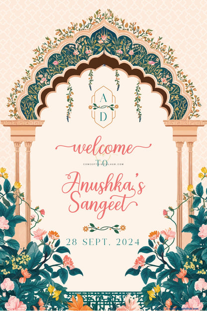 Peach Color Mughal Garden Welcome Board for Sangeet