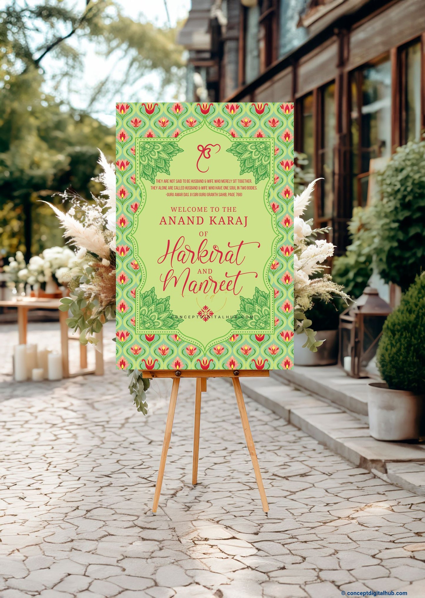 Sage Green Color Floral Borders Welcome Board for Wedding Week