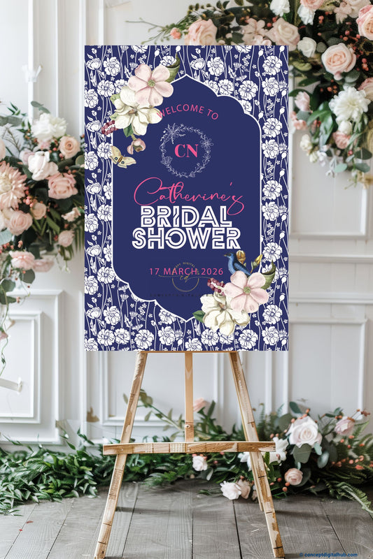 Deep Indigo Blue Color Floral Welcome Board for Bridal Shower