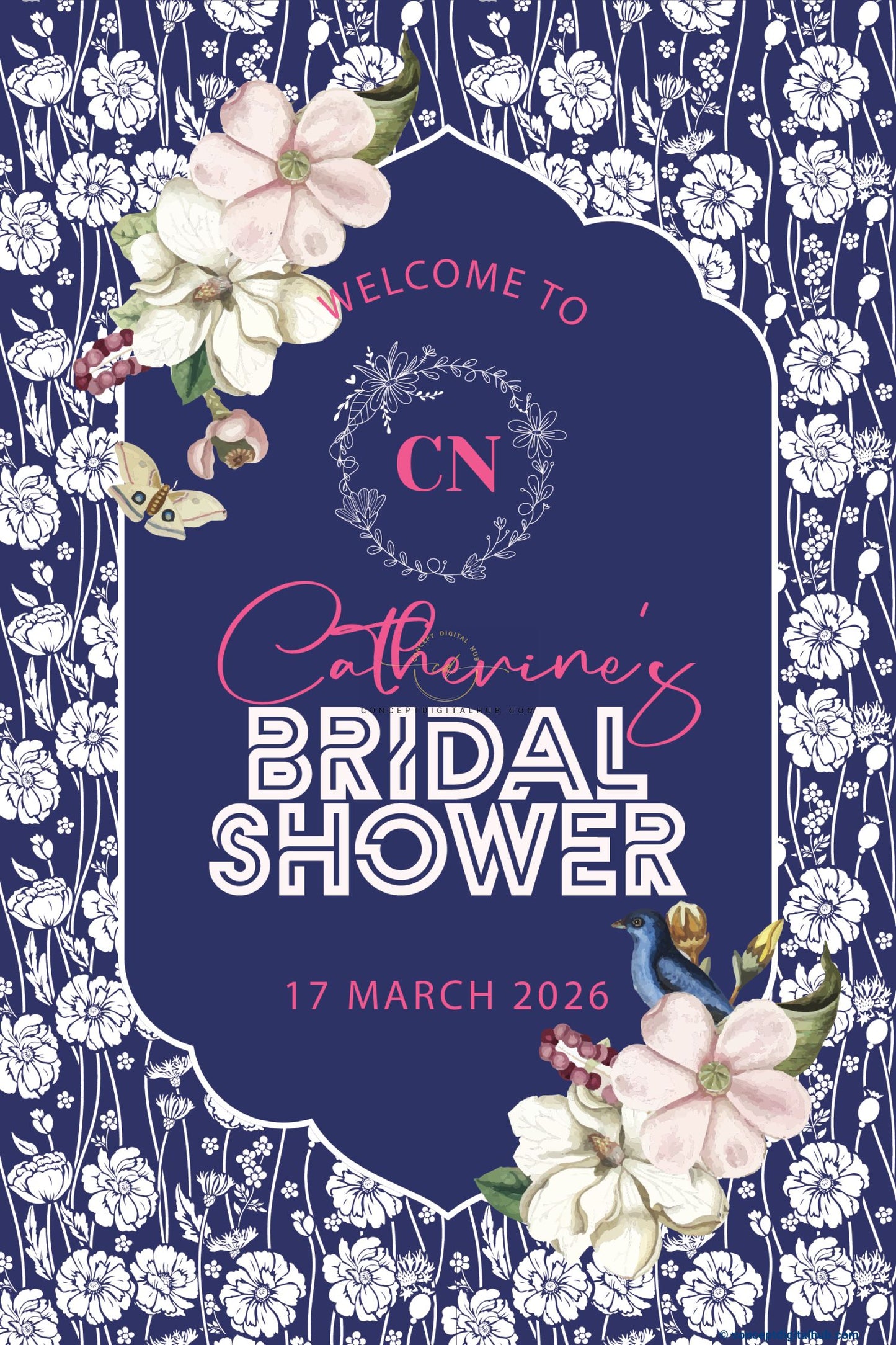 Deep Indigo Blue Color Floral Welcome Board for Bridal Shower