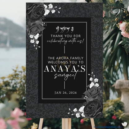 Charcoal Gray Color Black Roses Welcome Board for Sangeet