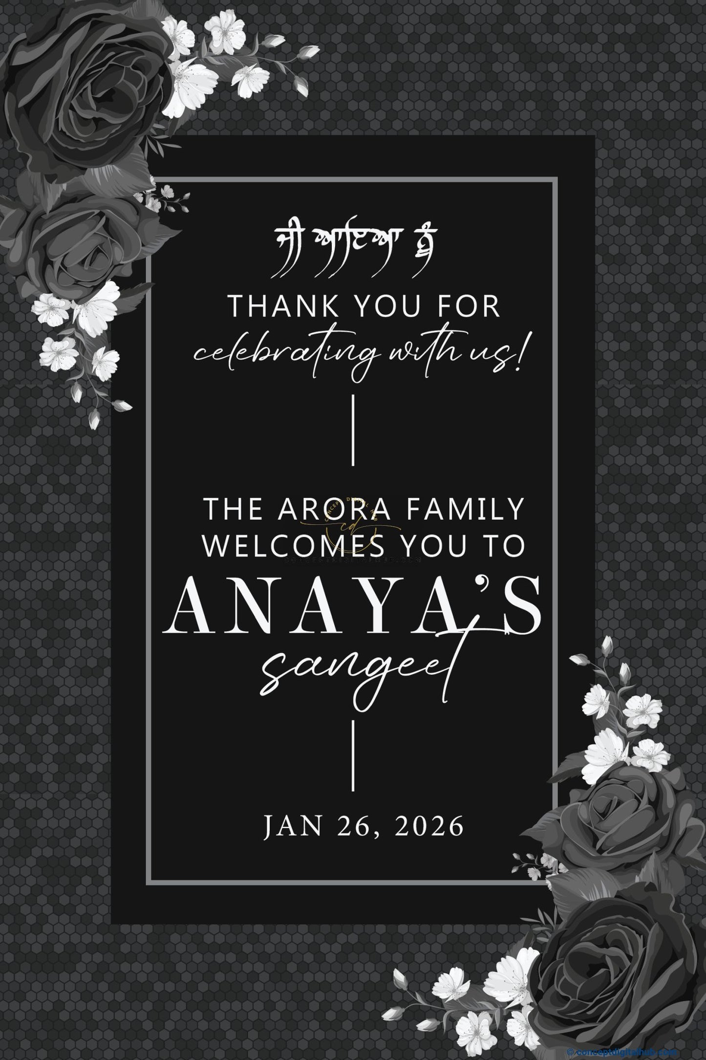 Charcoal Gray Color Black Roses Welcome Board for Sangeet