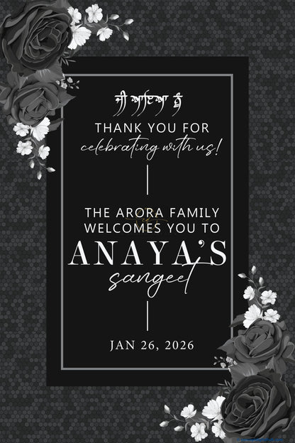 Charcoal Gray Color Black Roses Welcome Board for Sangeet