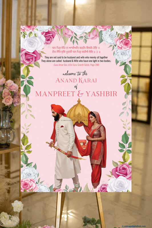 Sikh Wedding Welcome Sign Board for Anand Karaj