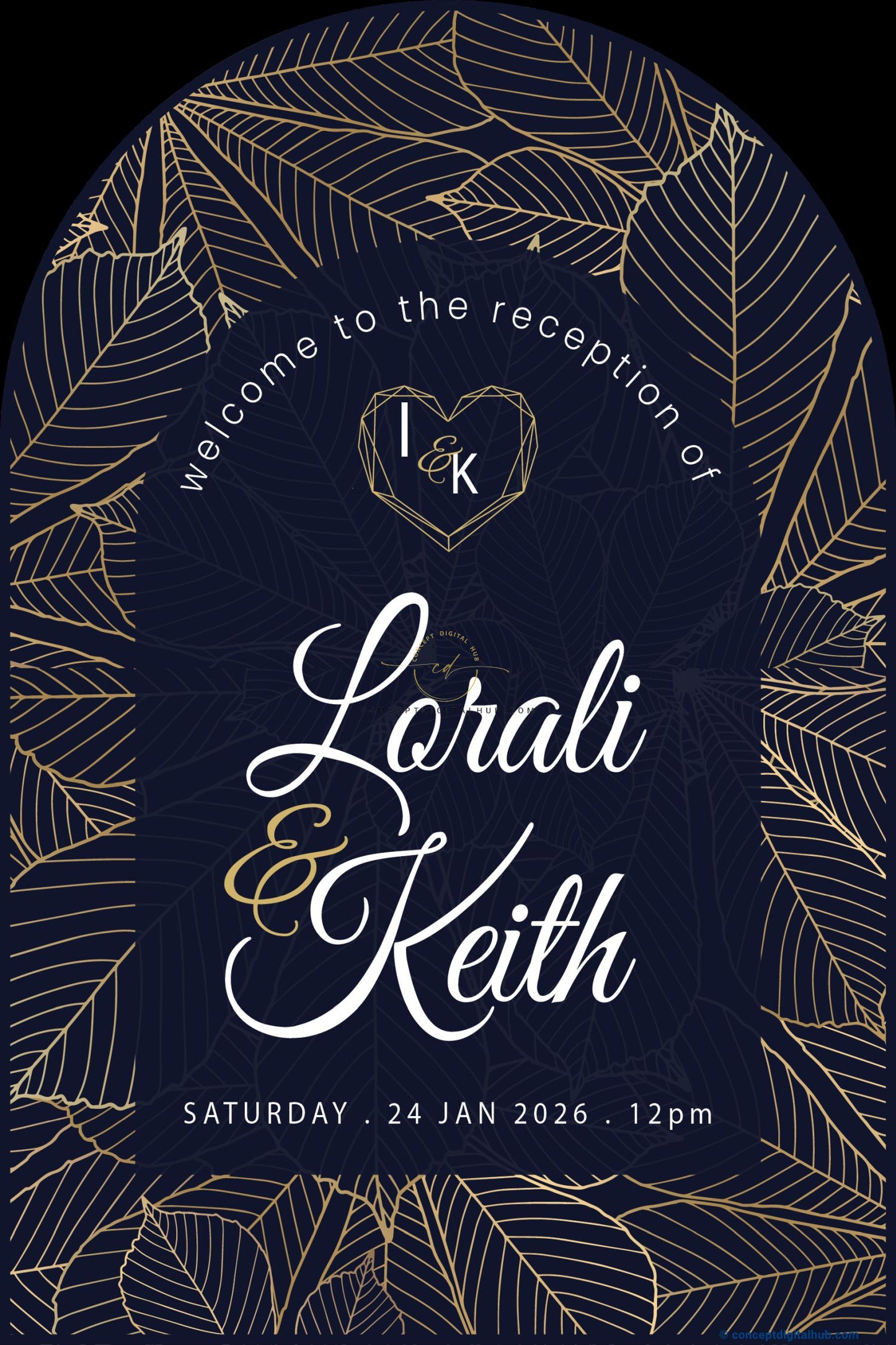 Dark Navy Blue Color Botanical Leaf Pattern Welcome Board for Wedding Week