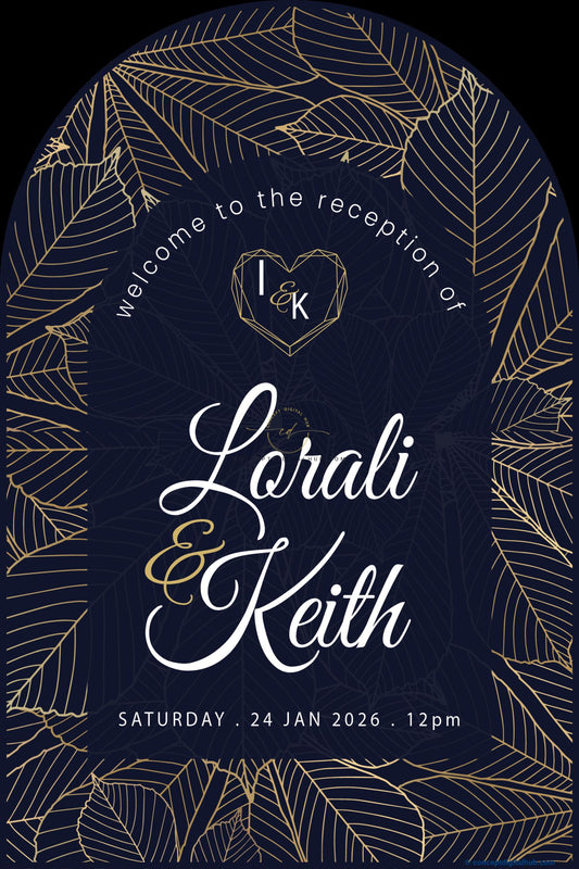 Dark Navy Blue Color Botanical Leaf Pattern Welcome Board for Wedding Week