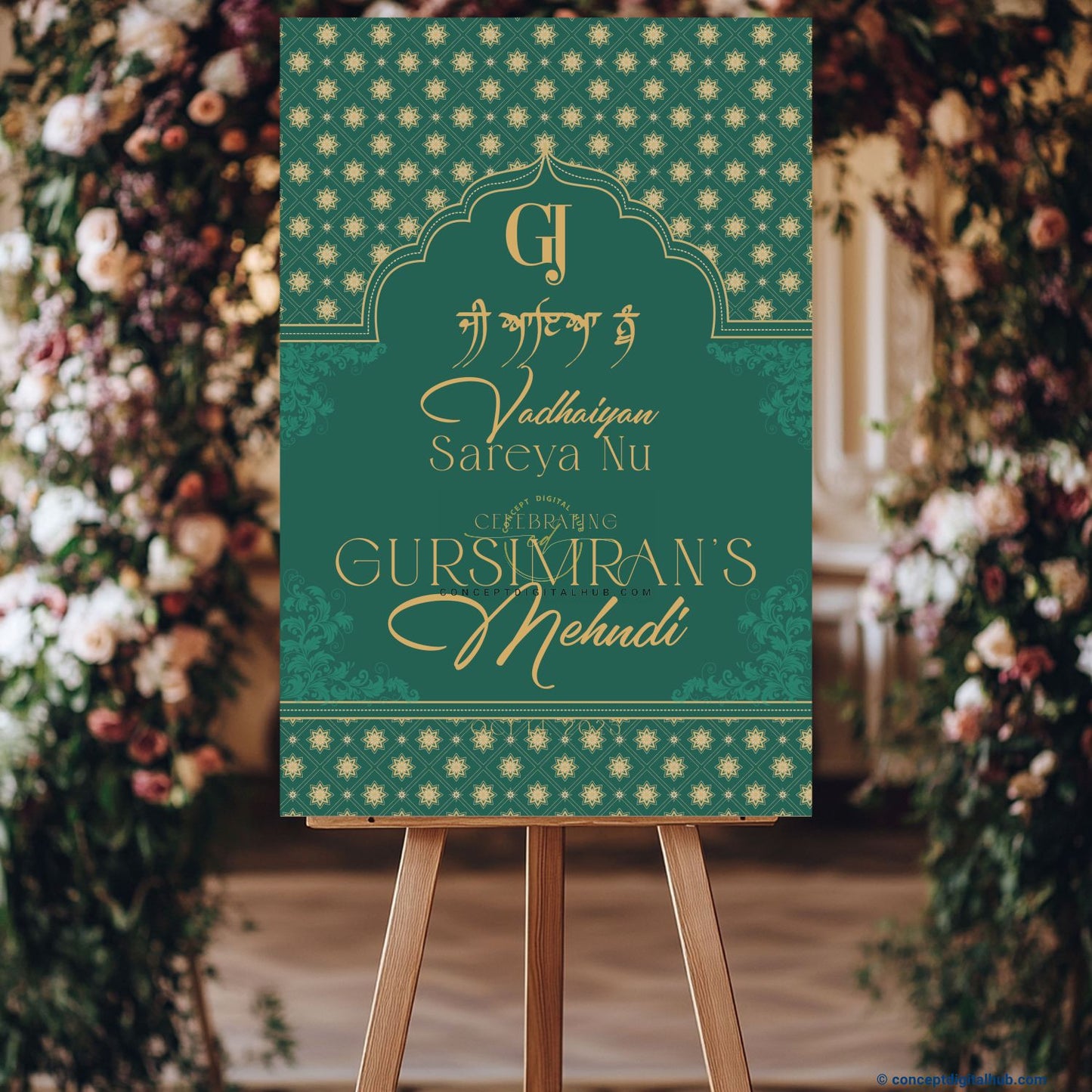 Teal Green Color Floral Ornaments Welcome Board for Mehendi