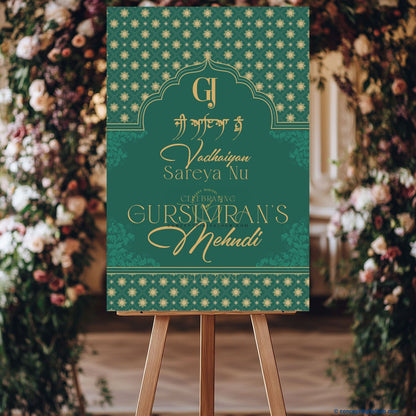 Teal Green Color Floral Ornaments Welcome Board for Mehendi