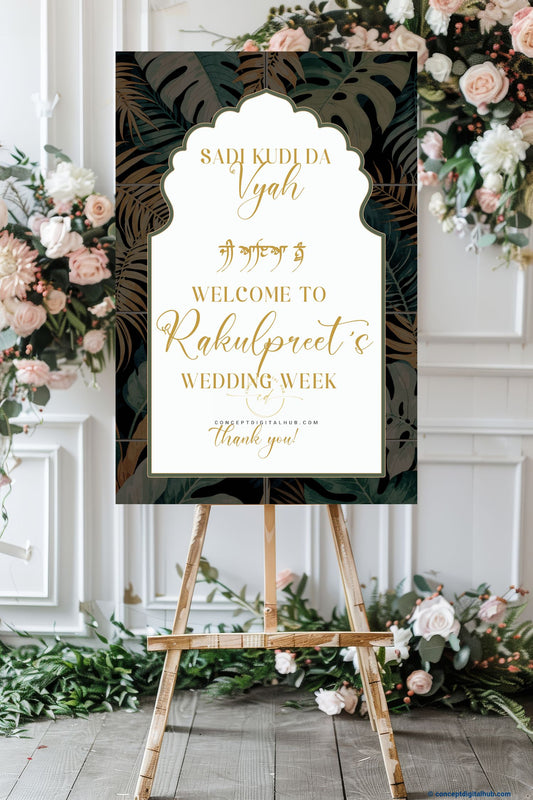 Brass Color Leaves Welcome Board for Wedding Week