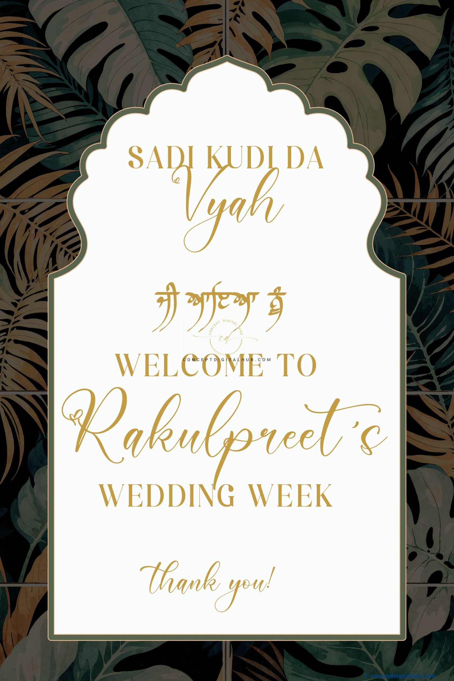Brass Color Leaves Welcome Board for Wedding Week