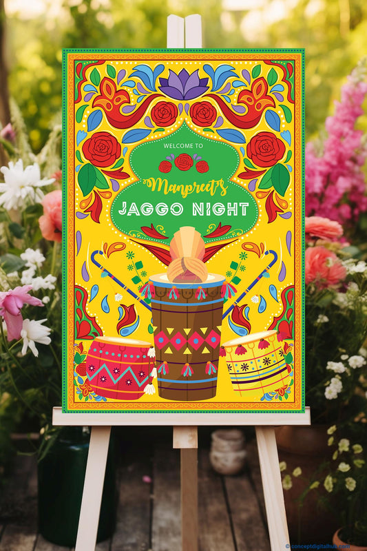 Golden Yellow Color Dhol Drum Welcome Board for Jaggo