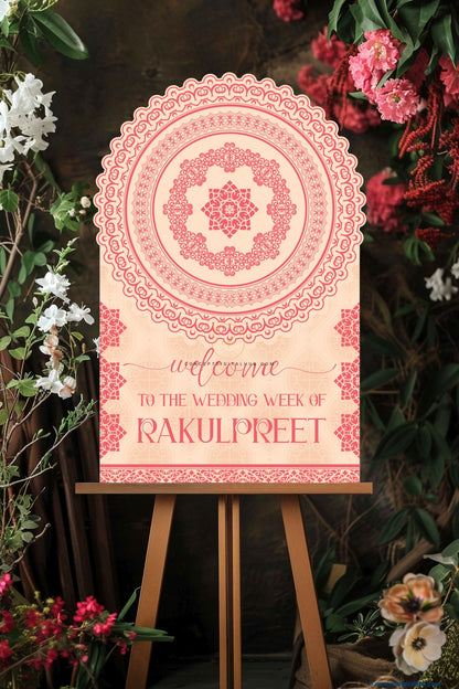 Dairy Cream Color Pink Mandala Welcome Board for Wedding Week