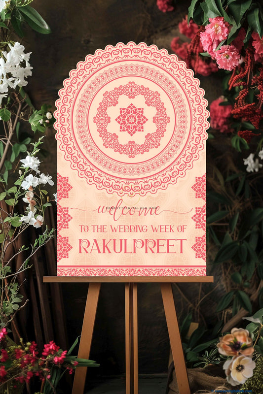 Dairy Cream Color Pink Mandala Welcome Board for Wedding Week