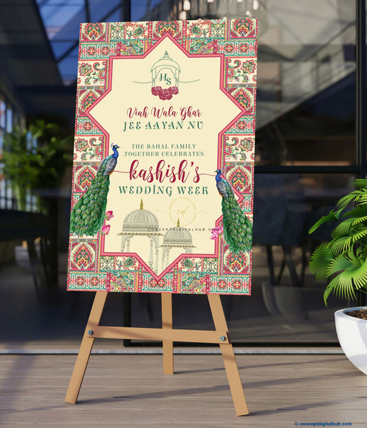 Champagne Color Peacock Welcome Board for Wedding Week