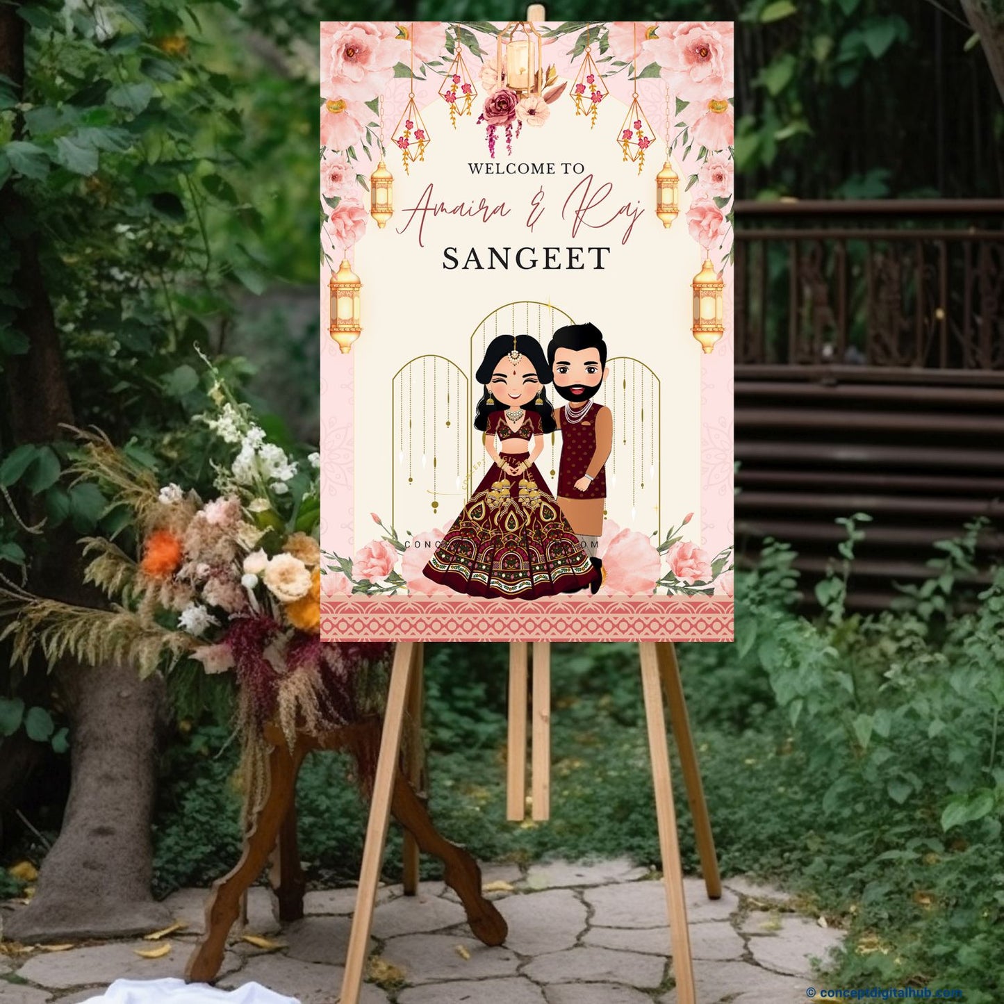 Pink Color Flowerd Welcome Board for Sangeet