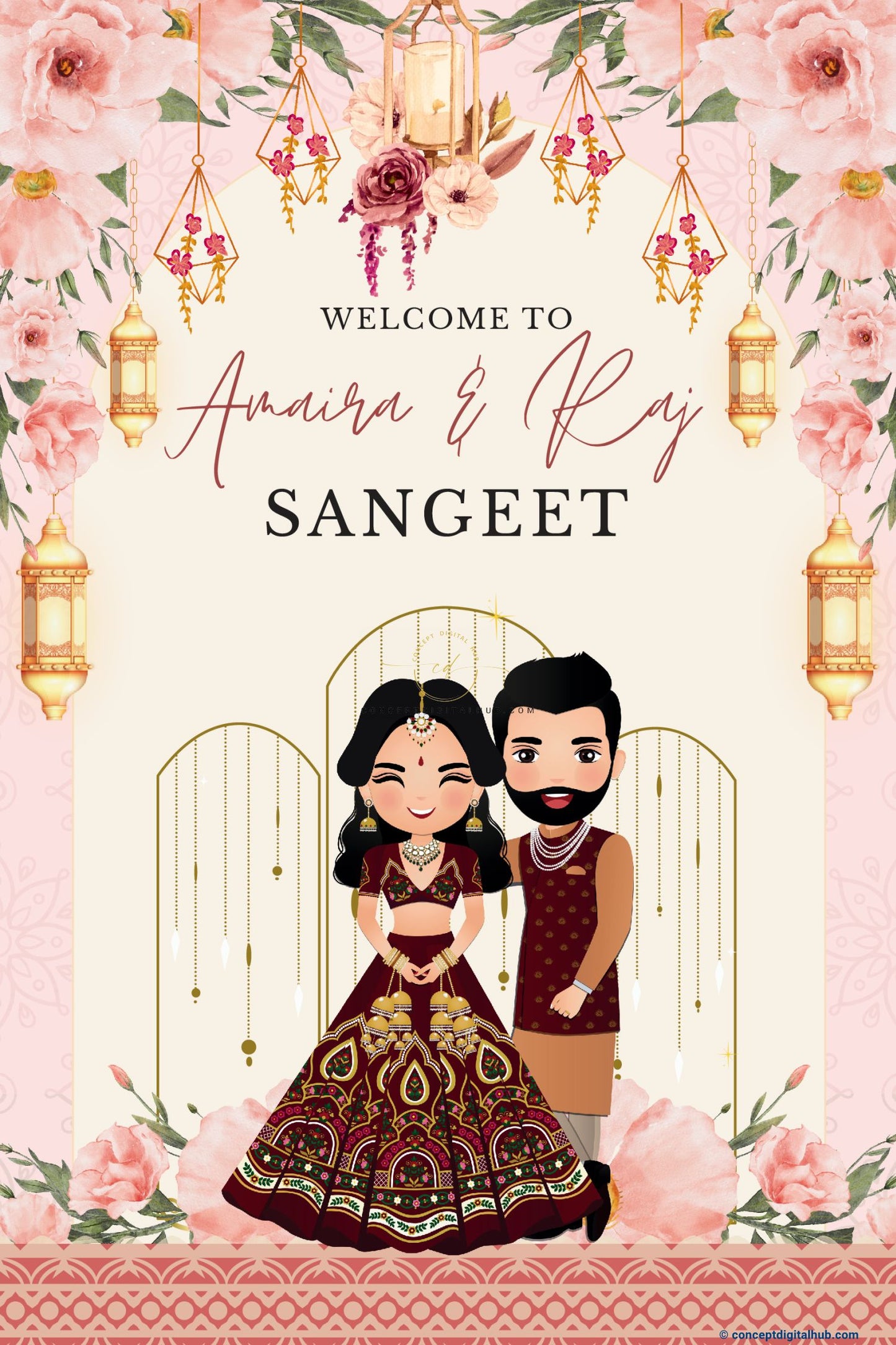 Pink Color Flowerd Welcome Board for Sangeet