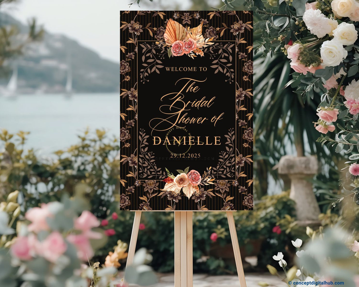 Matte Black Color Delicate Leafy Vines Welcome Board for Bridal Shower