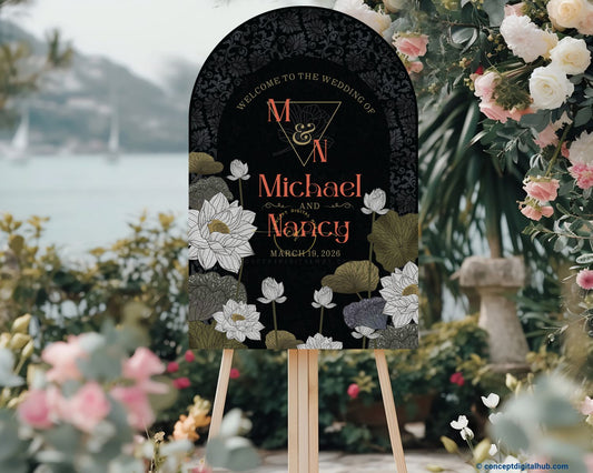 Matte Black Color Damask Floral Pattern Welcome Board for Wedding Week