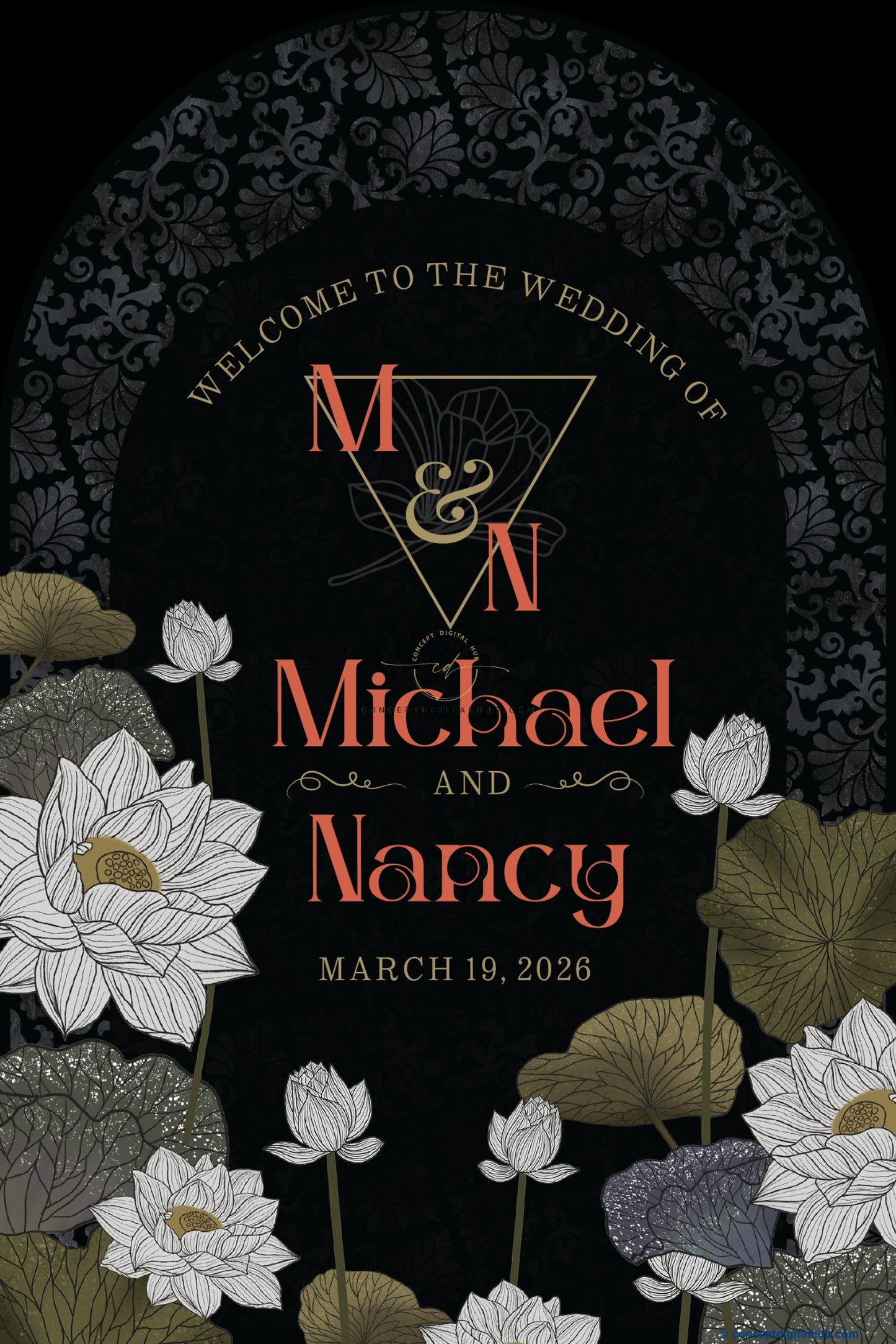 Matte Black Color Damask Floral Pattern Welcome Board for Wedding Week