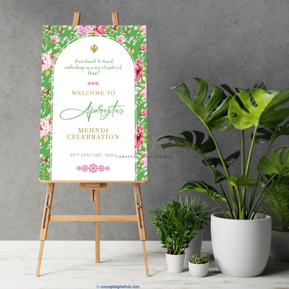 Green Floral Mehndi Welcome Sign Board