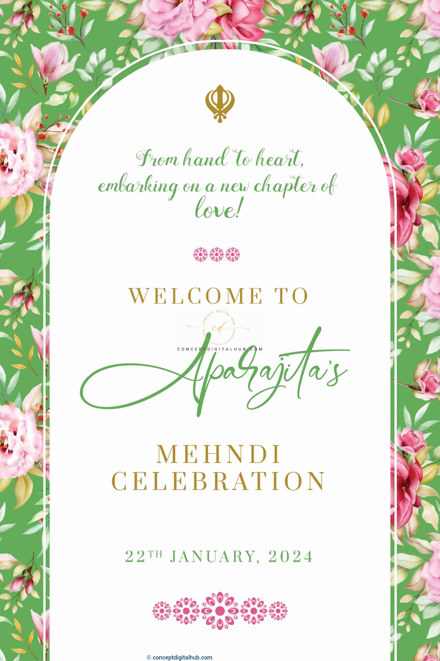 Green Floral Mehndi Welcome Sign Board