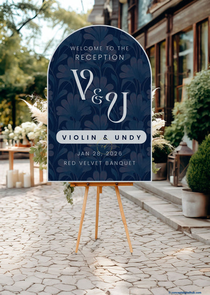 Midnight Blue Color Floral Botanical Welcome Board for Wedding Week