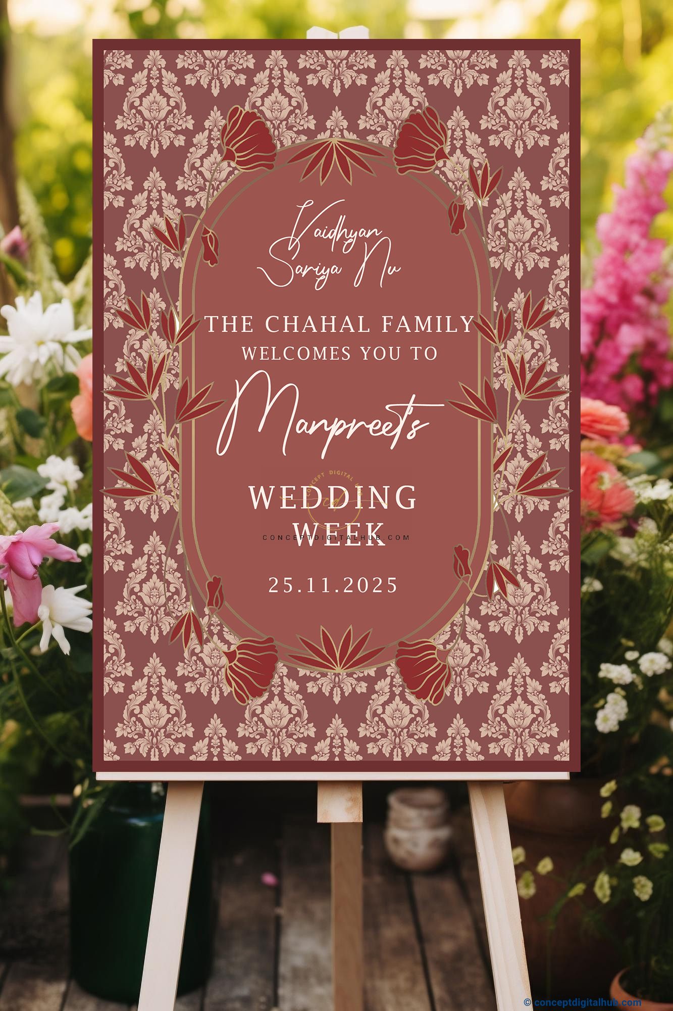 Dusty Rose Color Damask Welcome Board for Wedding Week