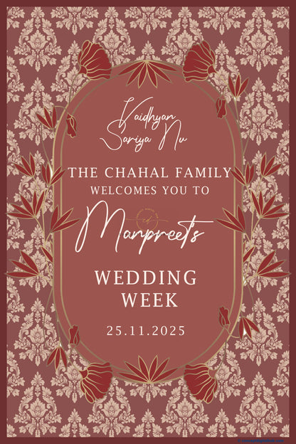 Dusty Rose Color Damask Welcome Board for Wedding Week