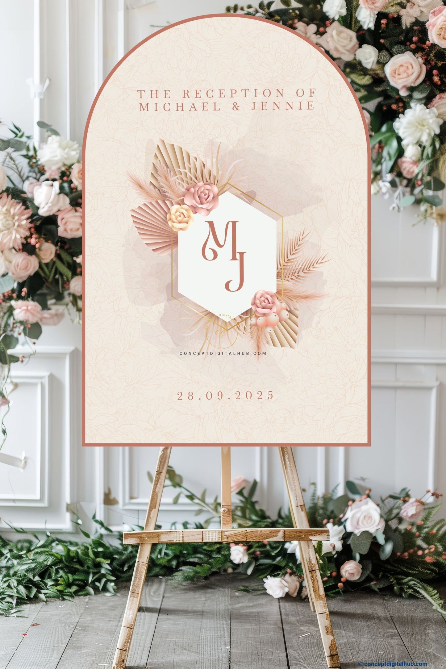 White Rock Color Blush Floral Welcome Board for Wedding Week
