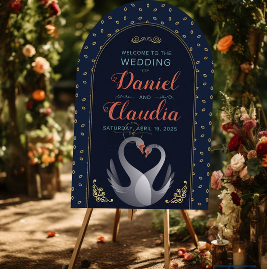 Dark Color Swan Couple Welcome Board for Wedding
