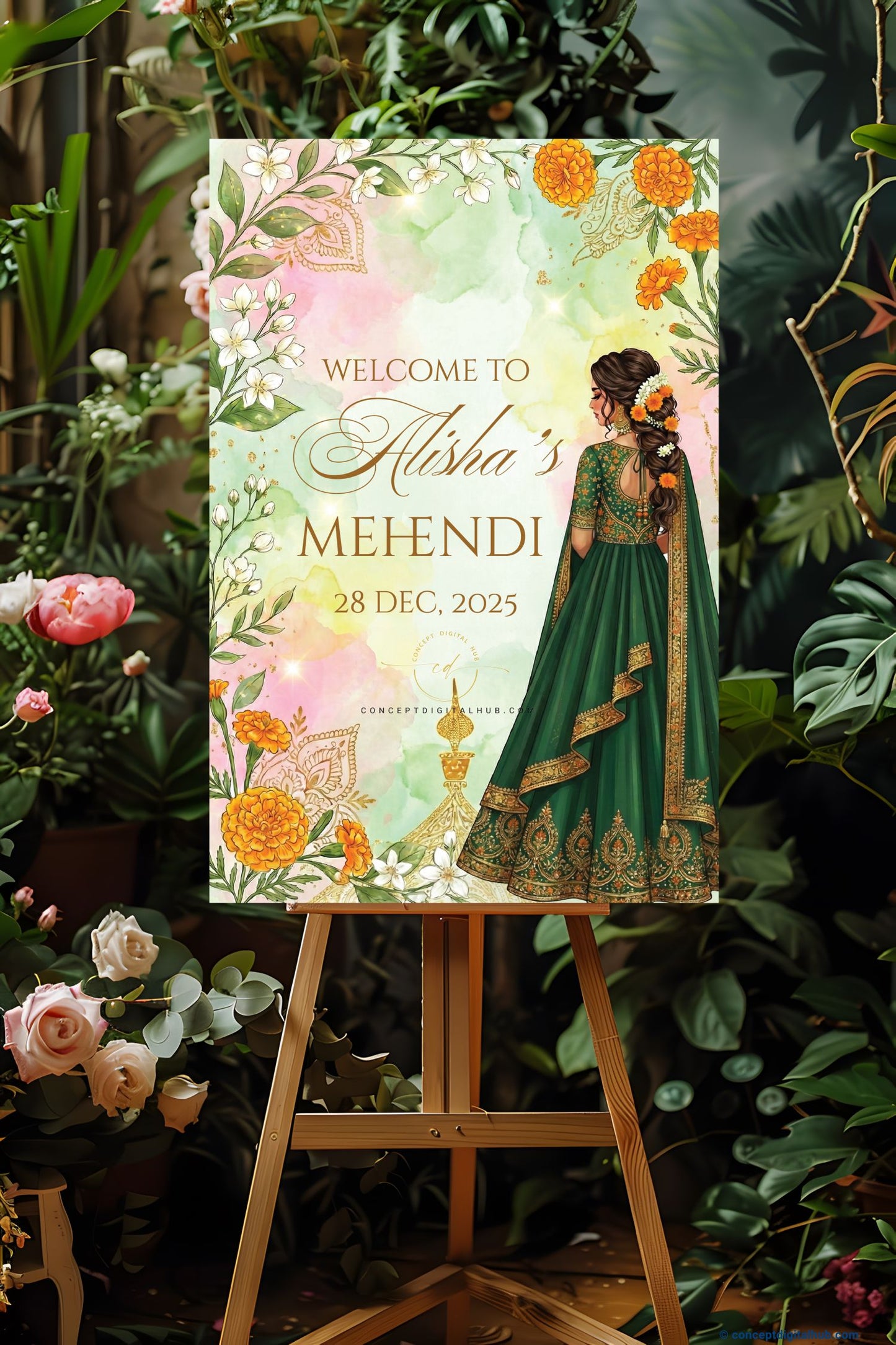 Emerald Green Color Marigold Flowers Welcome Board for Mehendi