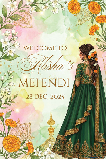 Emerald Green Color Marigold Flowers Welcome Board for Mehendi