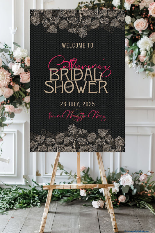 Grey Olive Color Tropical Leaves Welcome Board for Bridal Shower