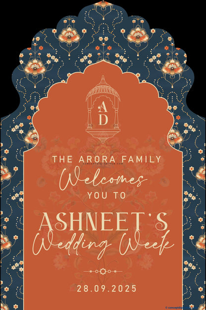 Ruddy Brown Color Mughal Pattern Welcome Board for Wedding Week