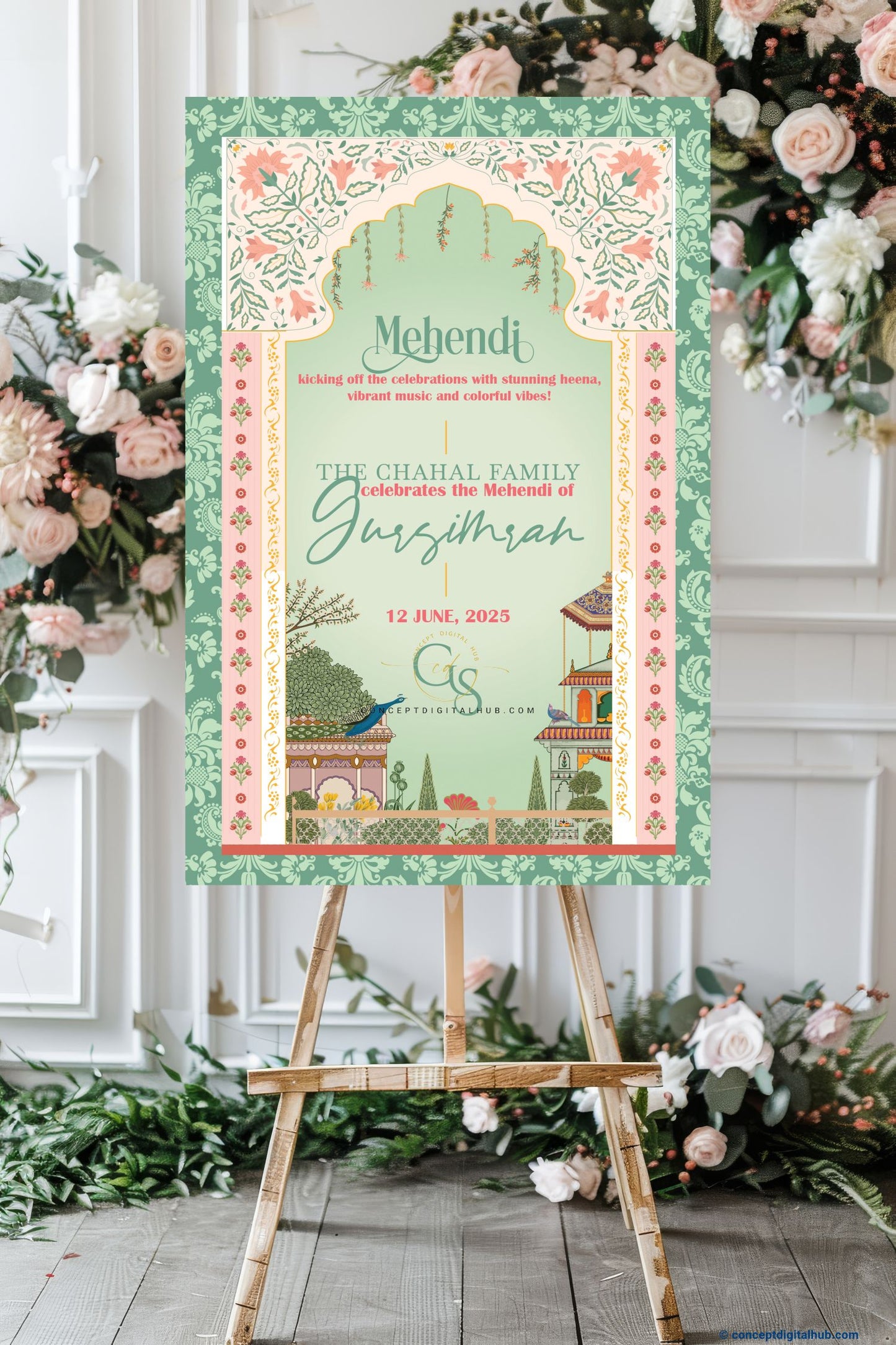 Green Color Peacock Welcome Board for Mehndi