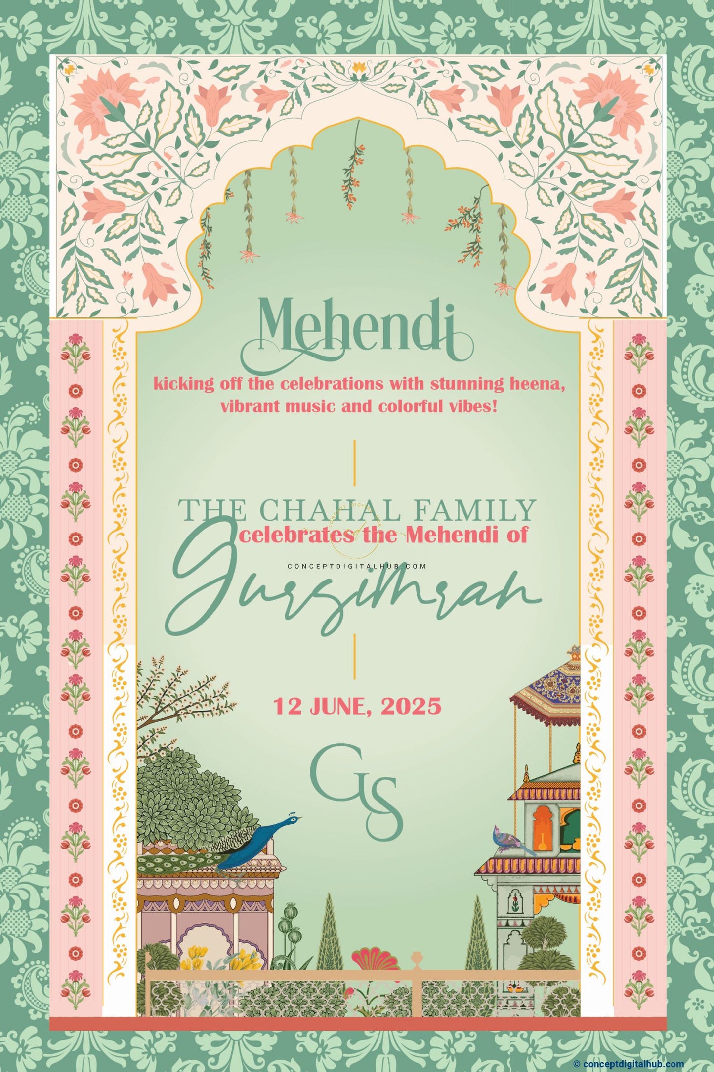 Green Color Peacock Welcome Board for Mehndi