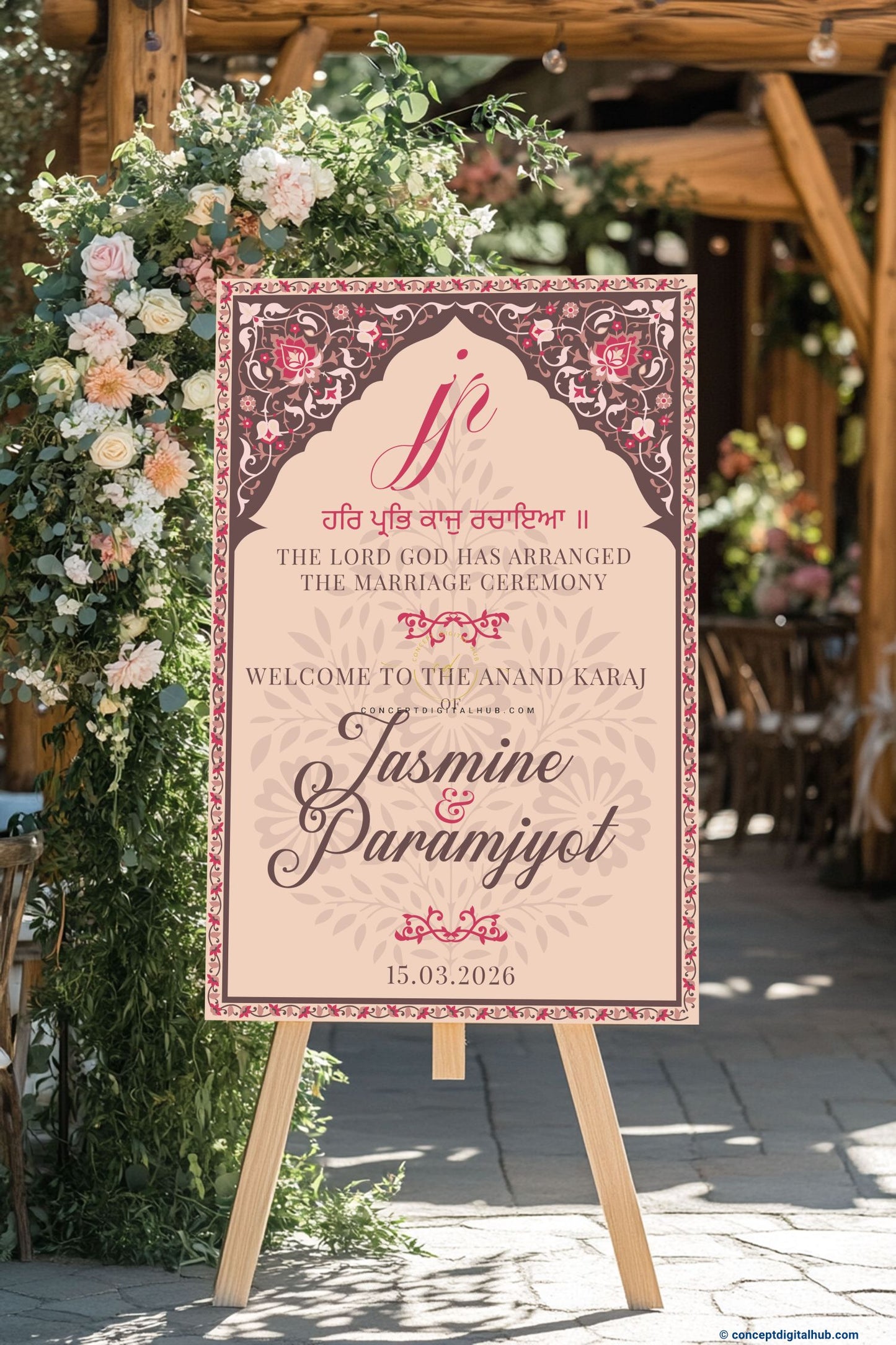 Deep Rose Pink Color Floral Vine Border Welcome Board for Wedding Week